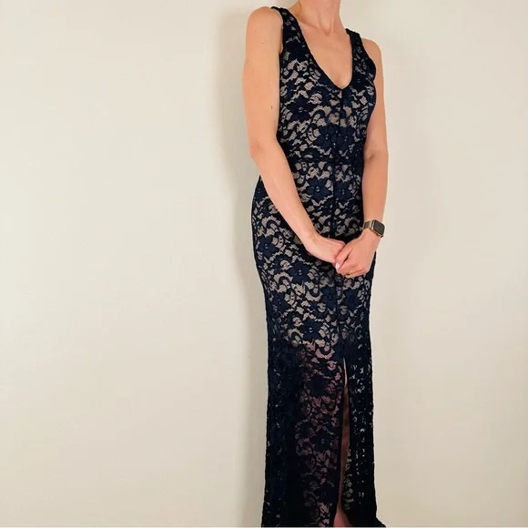 New Belle Badgley Mischka Dress navy Blue Lace Overlay Maxi Evening - Picture 4 of 10